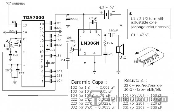 Схема электрическая радиоприемника на микросхеме TDA7000