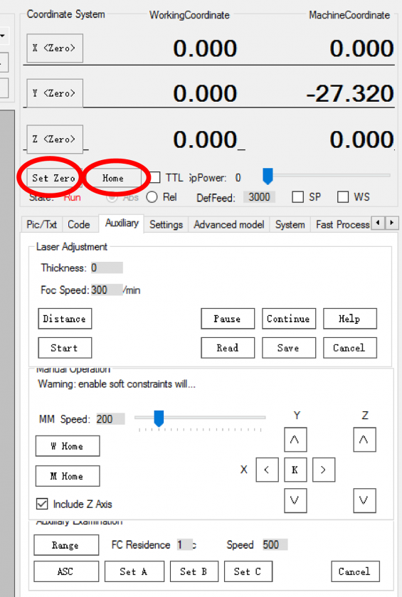 Управление лазером кнопками Set Zero и Home