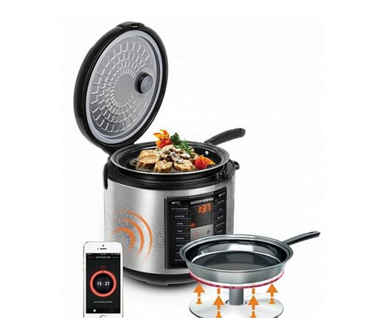 Мультикухня Redmond SkyKitchen RMK-FM41S, смартфон и сковородка