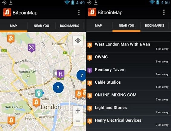 Как выглядит приложение Bitcoin Map