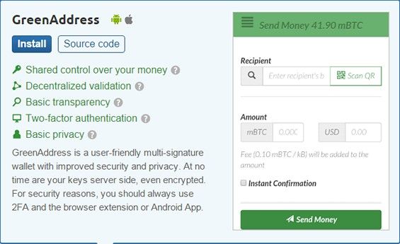 Меню GreenAddress Bitcoin Wallet для iOS