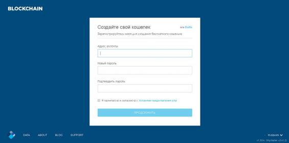 Поля для заполнения при регистрации на сайте Blockchain