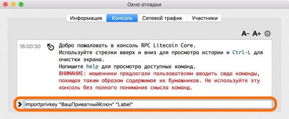 Окно с приватным Лайткоин ключом