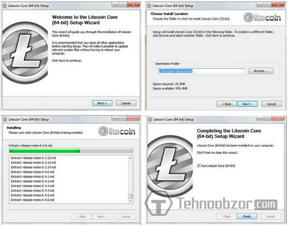 Окна установки Litecoin Core