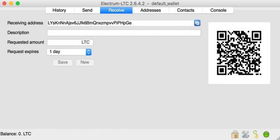 Окно кошелька Electrum LTC