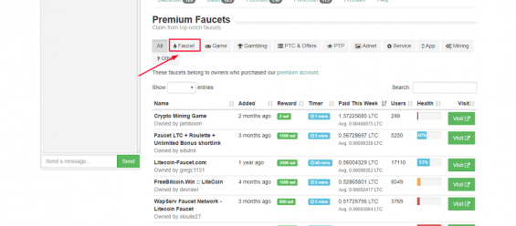 Где находится кнопка Faucets на сайте Faucethub