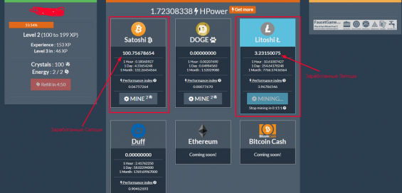 Количество Литоши, заработанных на кране Crypto Mining Game