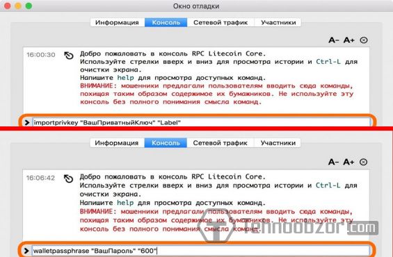 Заполнение командной строки в Litecoin Core при импорте приватного ключа бумажного кошелька