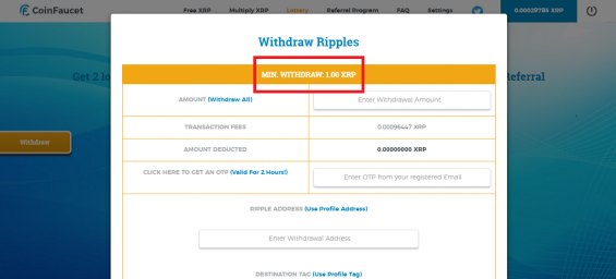 Минимальный вывод на CoinFaucet