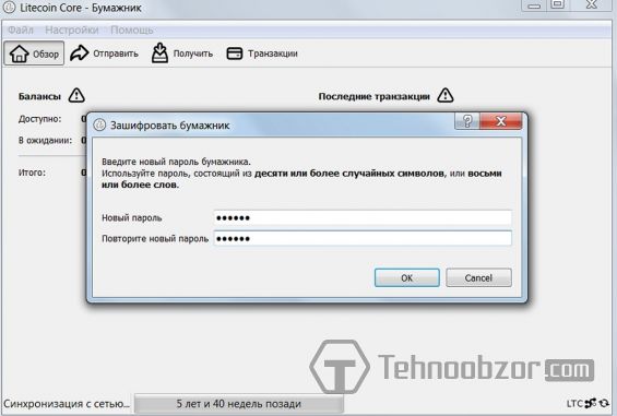 Установка пароля на кошелек Litecoin Core