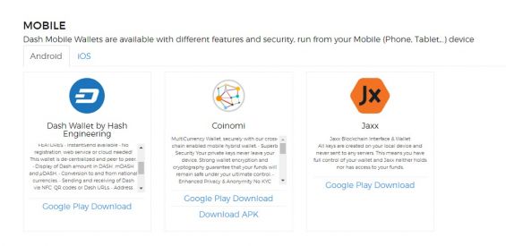 Версии мобильных кошельков Dash