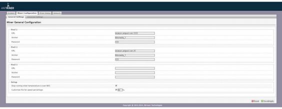 Вкладка с настройками майнинга на Antminer R4