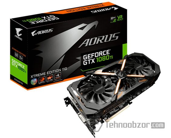 Видеокарта Aorus GeForce GTX 1080 Ti и упаковка от неё на белом фоне