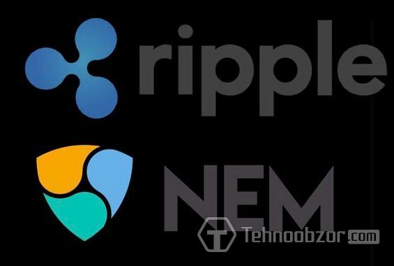 Эмблемы NEM и Ripple на тёмном фоне