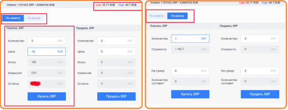 Обмен XRP по лимиту и рынку