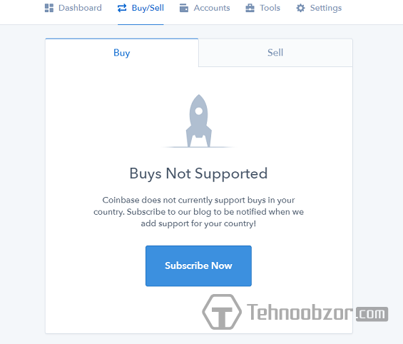 Отображение в Coinbase объявления о невозможности покупки Биткоина для страны