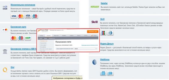 Платёжный системы, поддерживаемые ДЦ ForexClub