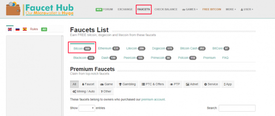 Переход в список кранов Биткоин на Faucethub