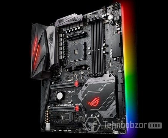 Плата ASUS ROG Crosshair VI Extreme на чёрном фоне