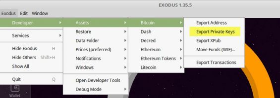 Копирование приватного ключа с кошелька Exodus