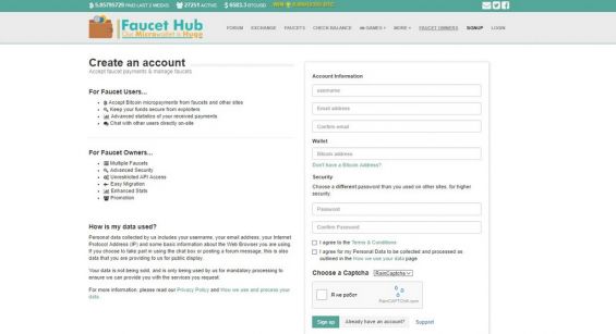 Поля для заполнения при регистрации на сервисе Faucethub