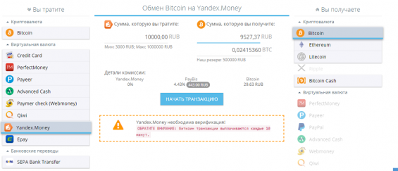 Форма обмена с Я.Деньги на Биткоин-кошелёк