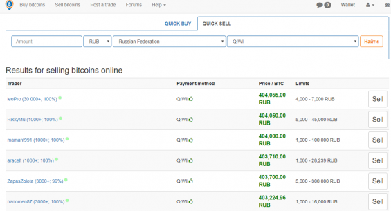 Предложения по покупке BTC за RUB на LocalBitcoins