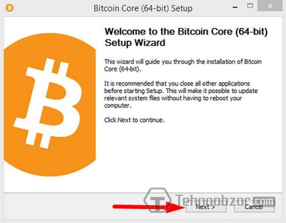 Начало инсталляции кошелька Bitcoin Core