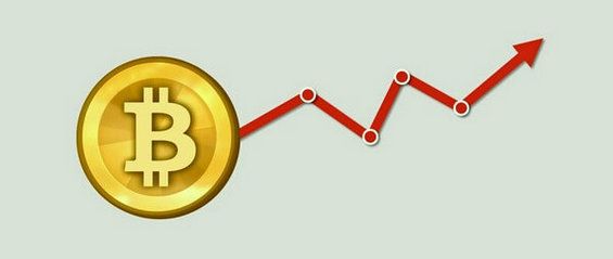 Значок Биткоина и красная искривлённая стрелка