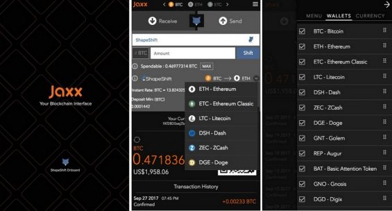 Интерфейс мобильного кошелька Jaxx