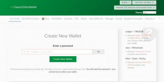 Страница онлайн-сервиса, на котором можно завести кошелек для Ethereum Classic