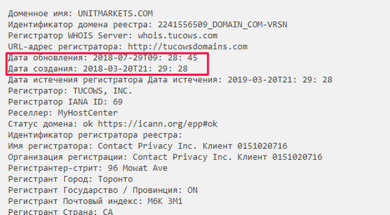 Дата обновления и создания сайта unitmarkets.com