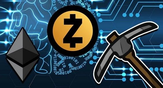 Графическое изображение шахтёрской кирки, значков Zcash и Ethereum