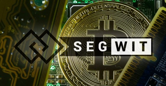 Эмблема технологии SegWit на фоне монеты Биткоина