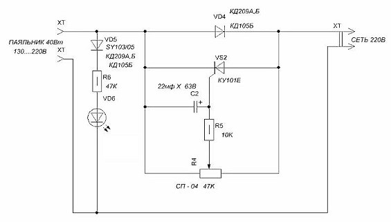 Маломощный тиристор и световой индикатор на схеме