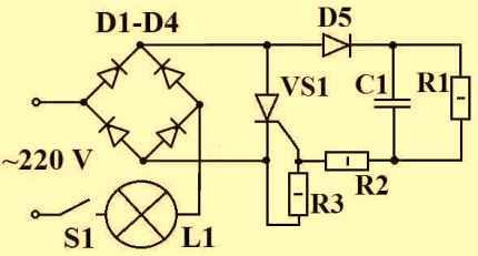 Схематическое изображение реле на базе диодного моста и тиристора