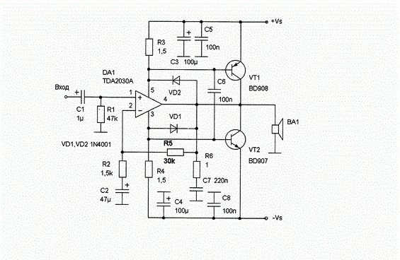 Схема применения TDA2030A в качестве драйвера для УНЧ с мощными внешними транзисторами