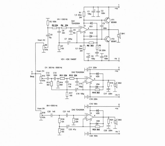 Подробная схема трехполосного усилителя НЧ