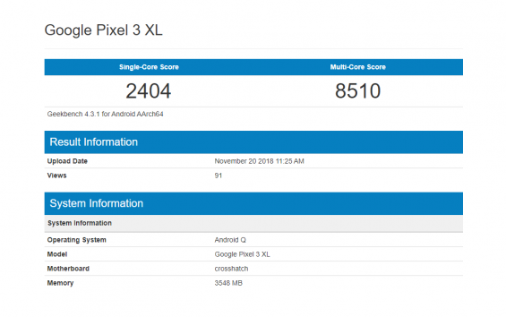 Pixel 3 XL в бенчмарке Geekbench