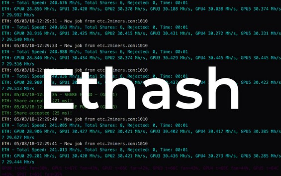 Надпись Ethash на фоне работающей программы для майнинга