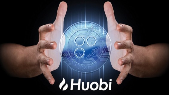 Эмблема Huobi и цифровое изображение криптомонеты