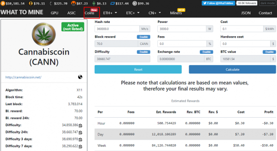 Информация о криптовалюте на калькуляторе WhatToMine