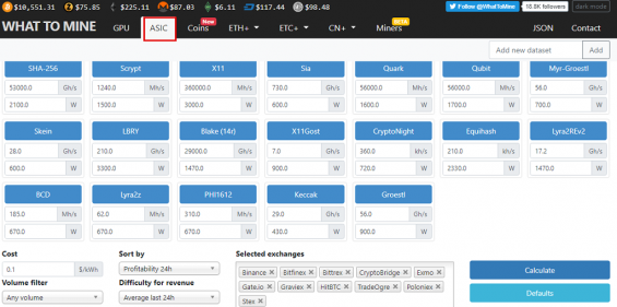 Расчет доходности асиков на калькуляторе WhatToMine