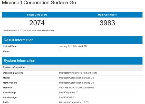 Прогон планшета Microsoft Surface Go 2019 в бенчмарке Geekbench 4.3.2