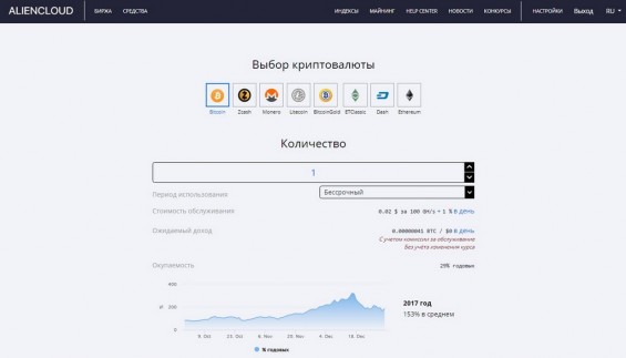 Покупка хешрейта на площадке Aliencloud