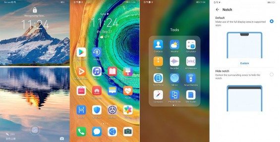 Экран блокировки, главный экран и вид папки Huawei Mate 30 Pro