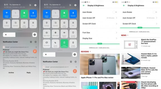 Верхняя шторка и меню настроек дисплея на Oppo Reno 2