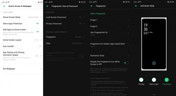 Настройки главного экрана и меню биометрии Realme X2 Pro