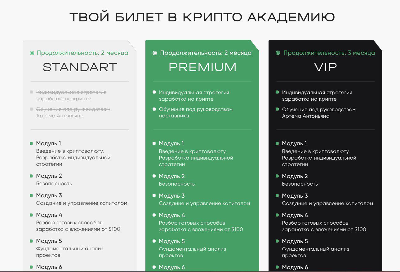 Артем Антоньян тарифы обучения Cryptelligent 