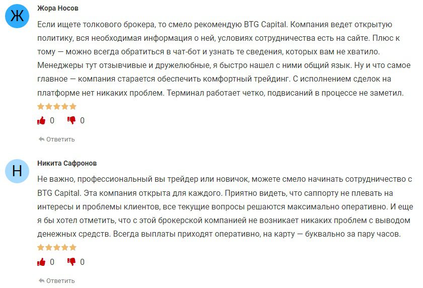 Отзывы клиентов о проекте BTG Capital